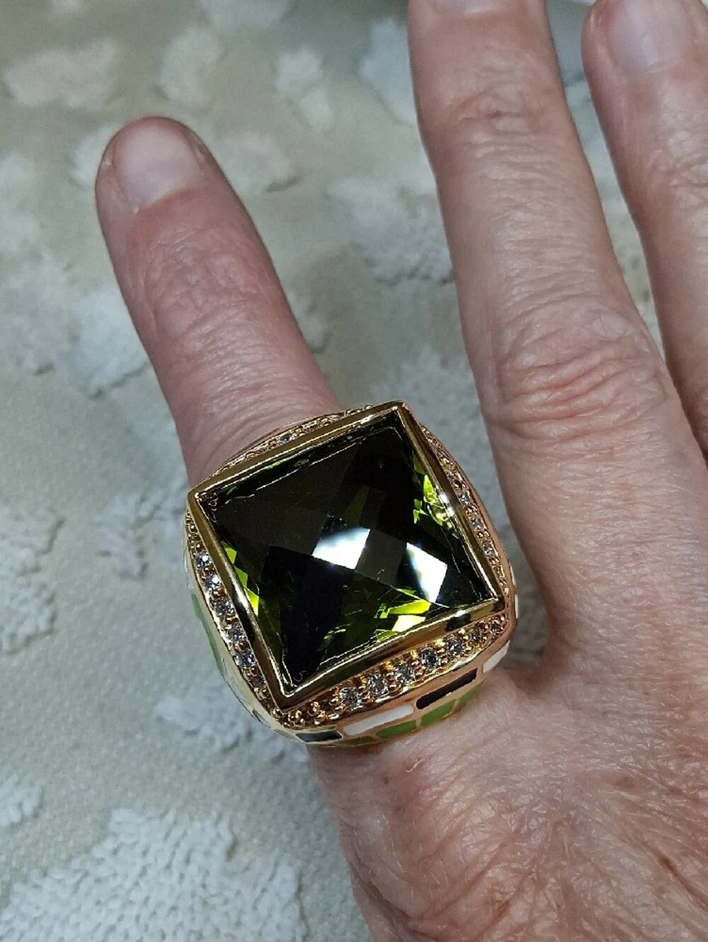 Gold-tone Enamel Statement Ring with Faceted Olive Green Crystal Center Stone